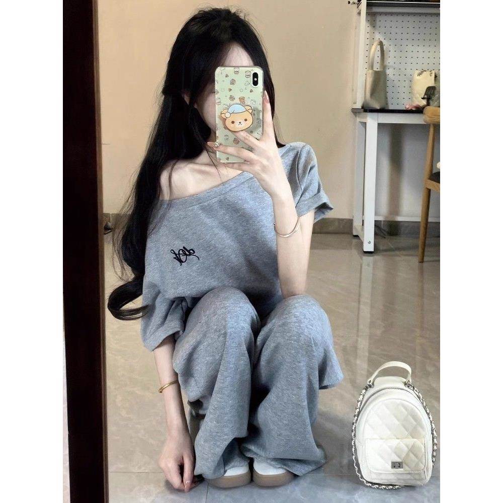 运动套装女夏季学生韩版宽松时尚网红盐系斜肩短袖长裤休闲两件套