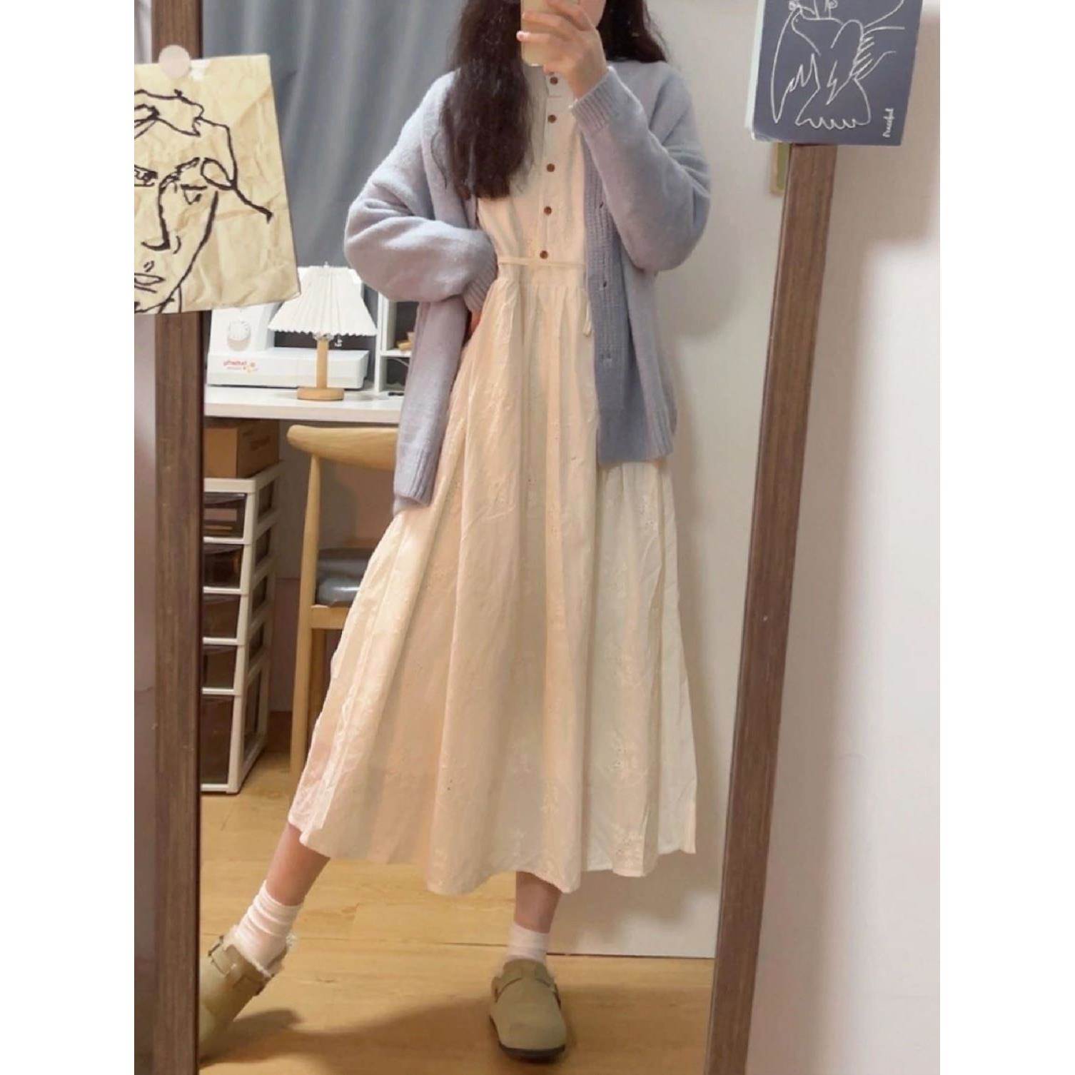 秋春季森系甜美慵懒风毛衣开衫毛衣女学生+镂空中长连衣裙两件套