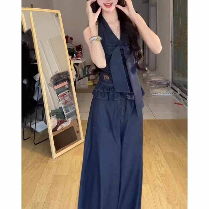 韩系蝴蝶结挂脖吊带背心女夏季新款设计感宽松直筒阔腿裤牛仔套装