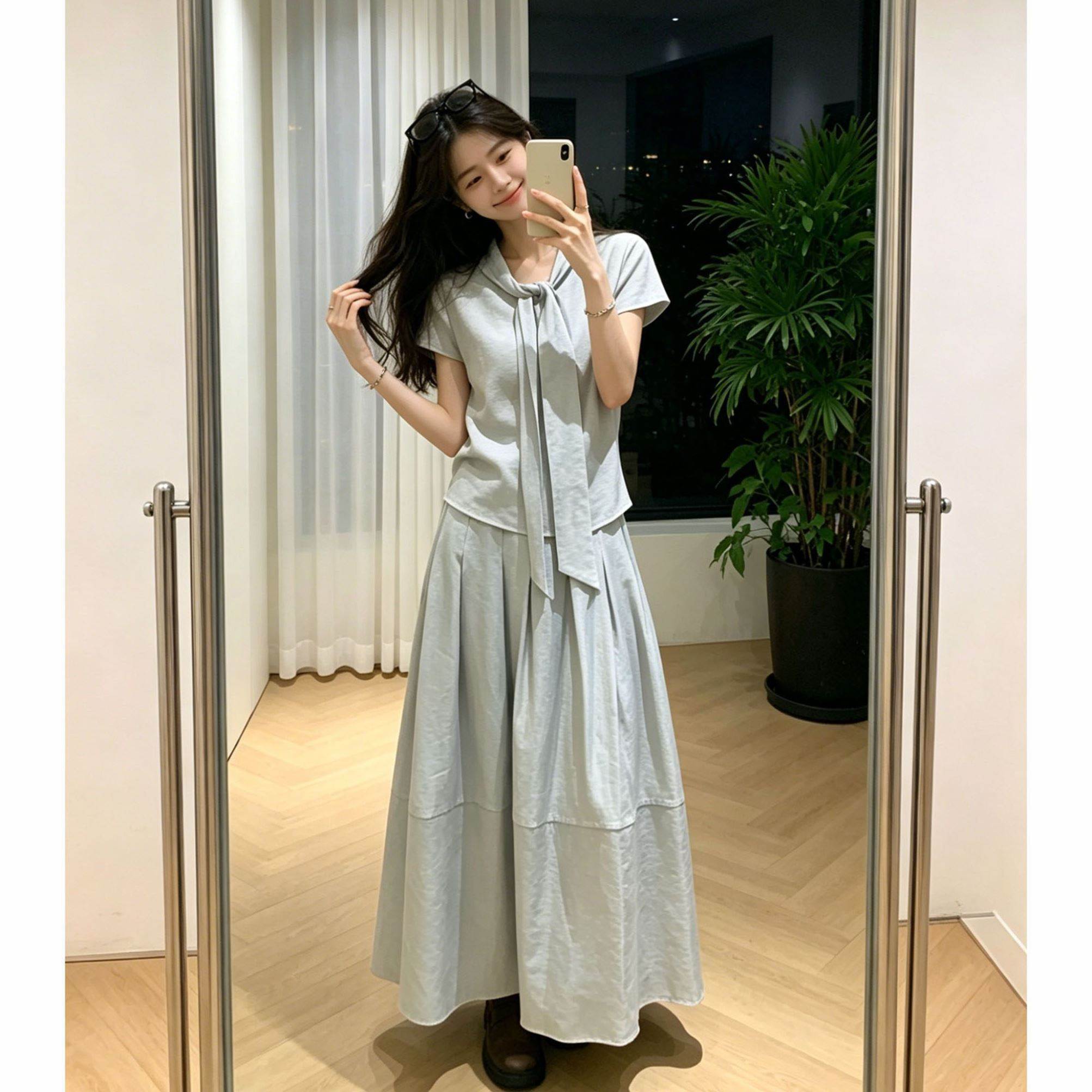 2026年夏季新款韩系简约风短袖衬衫上衣中长款半身裙显瘦两件套