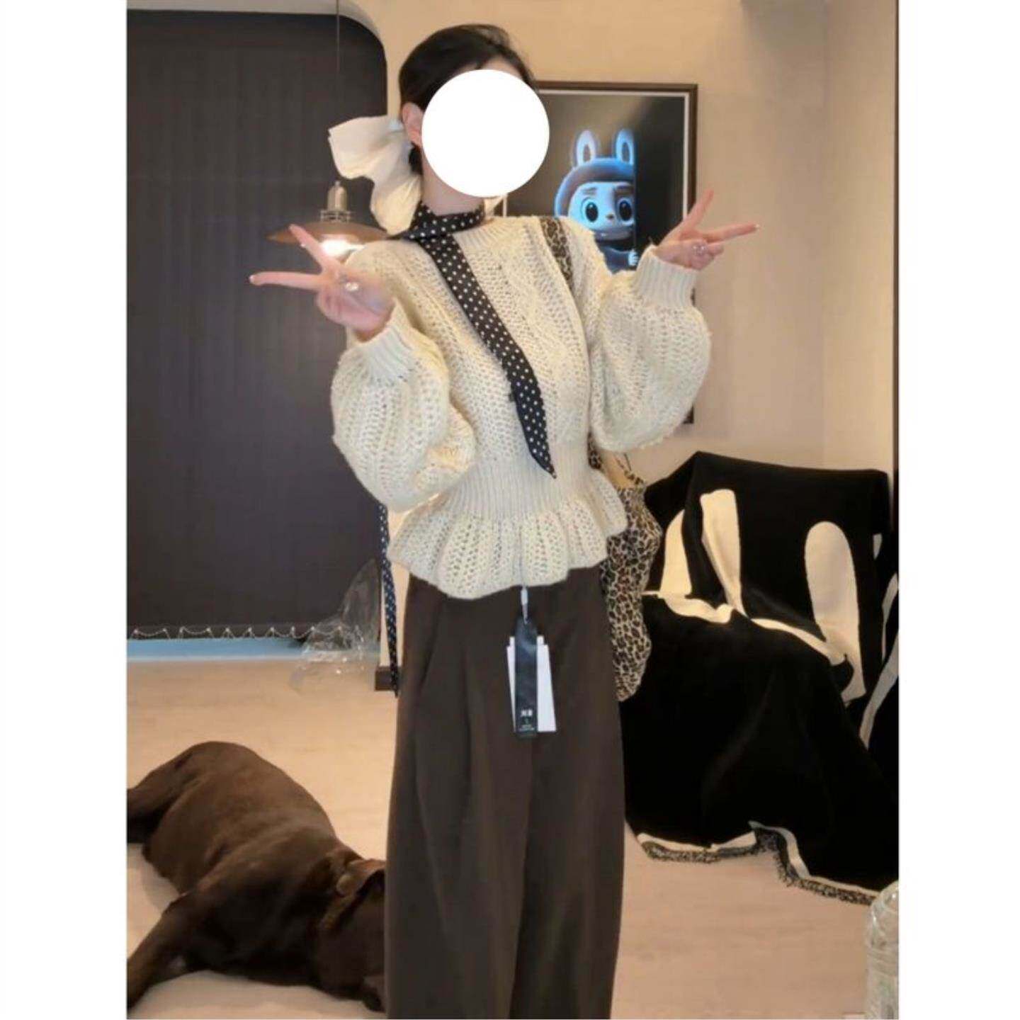 秋春季法式灯笼袖圆领套头打底毛衣女加厚保暖收腰内搭针织衫上衣