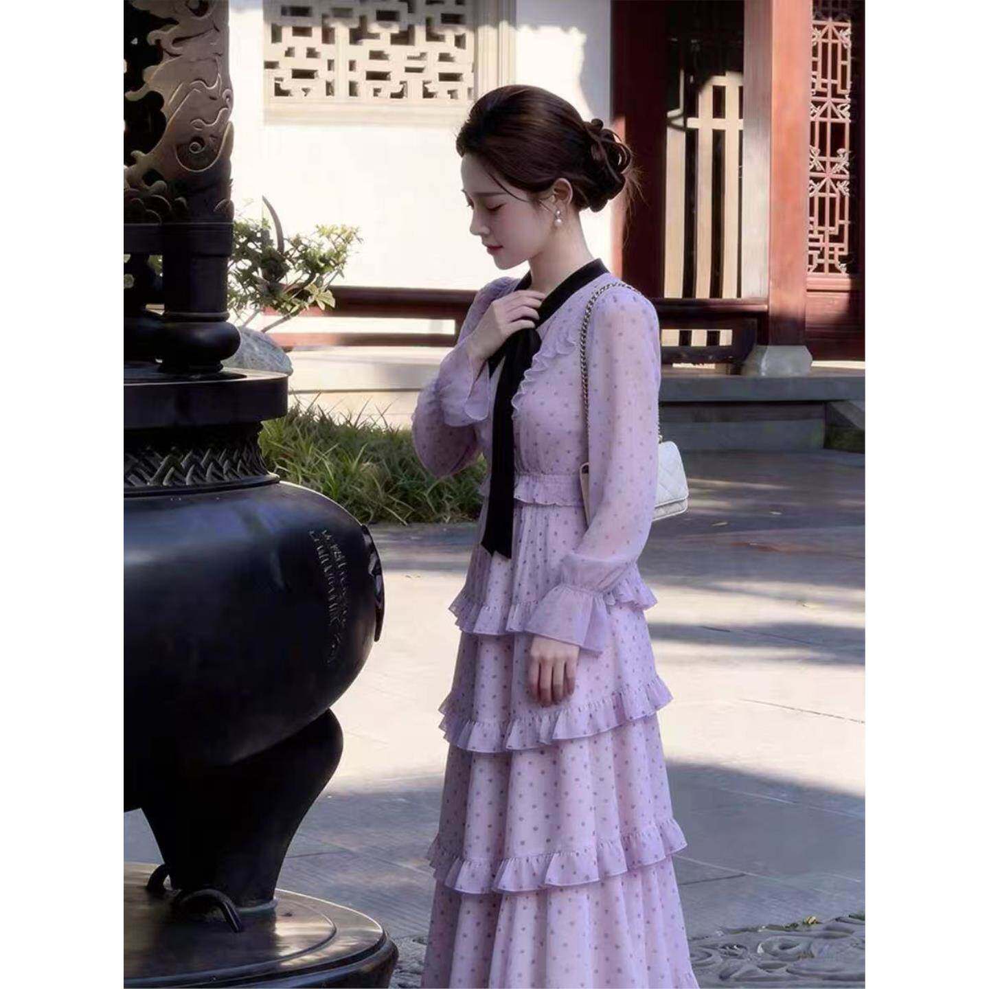 紫色系带波点蛋糕连衣裙女春夏艺术生明媚穿搭百搭小众不撞款裙子