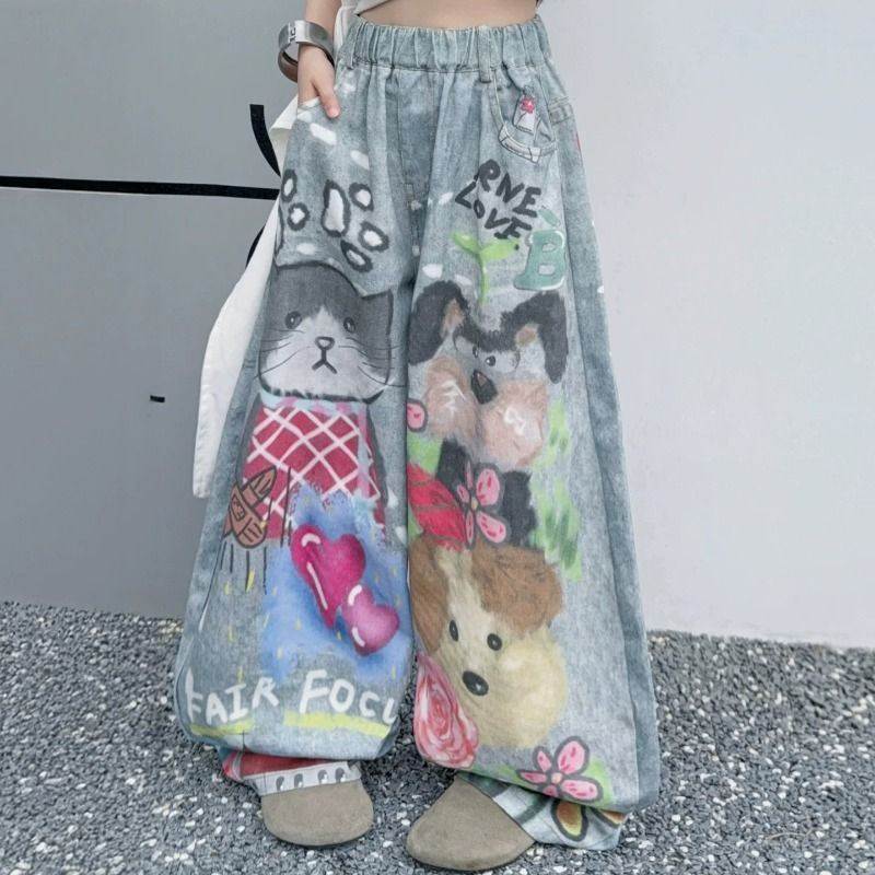 美式复古动物涂鸦牛仔裤女孩甜酷阔腿直筒中大童装长裤ins