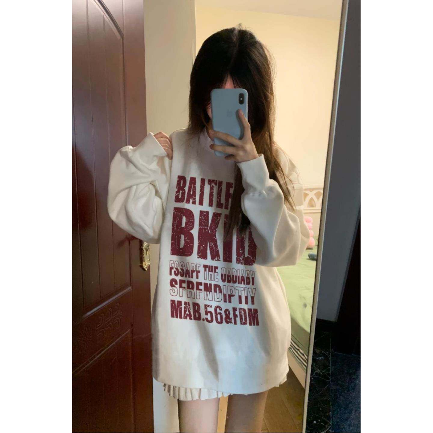 美式复古圆领卫衣女设计感字母印花宽松加绒加厚秋冬款学生外套