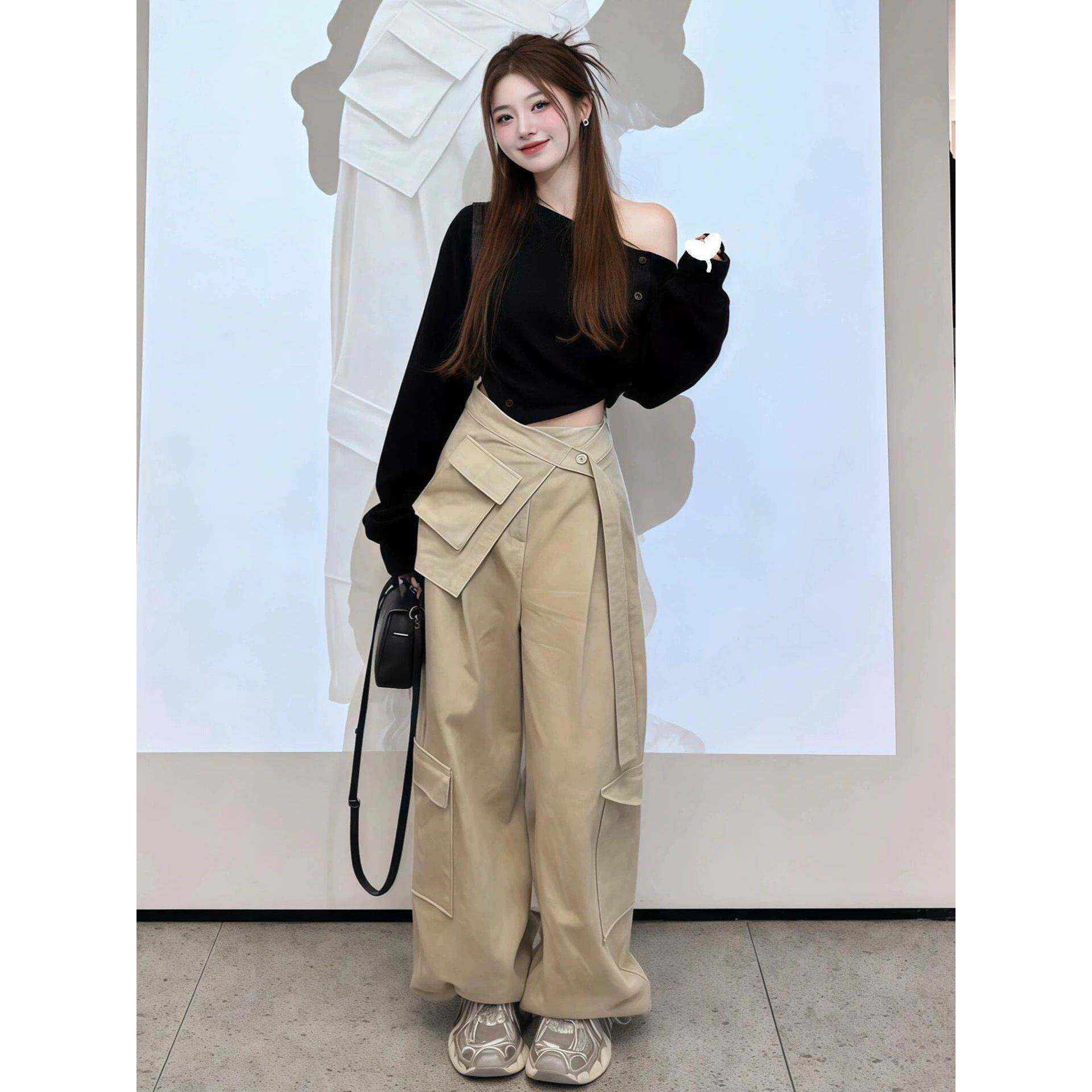 2026春新款女装搭配一整套黑色斜肩上衣超火裤子