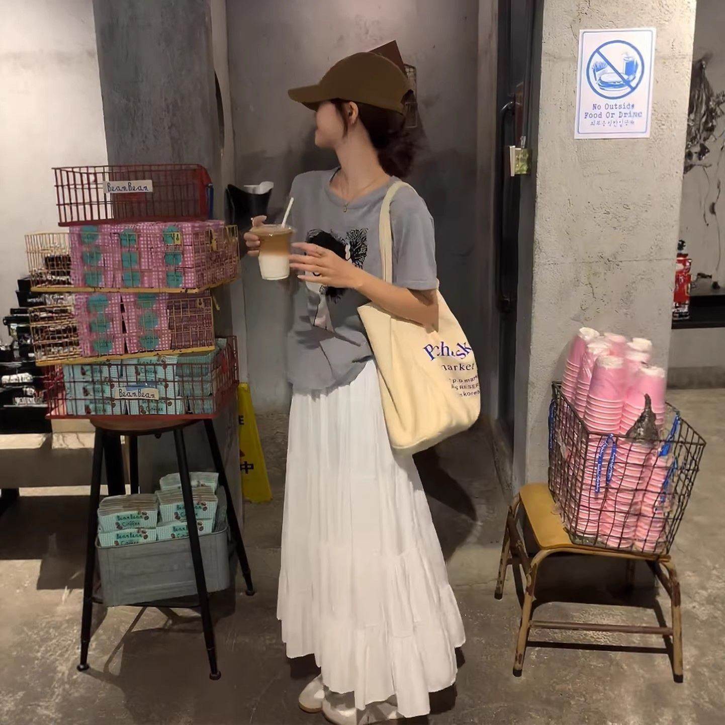 韩系绝美套装宽松圆领短袖T恤A字高腰白色半身裙夏日穿搭一整套