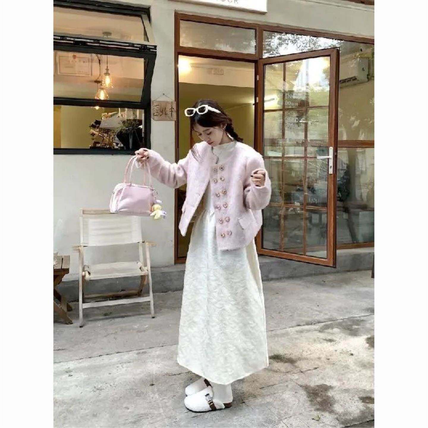 小香风时尚套装女春冬2026新款气质双排扣短款毛呢外套针织连衣裙