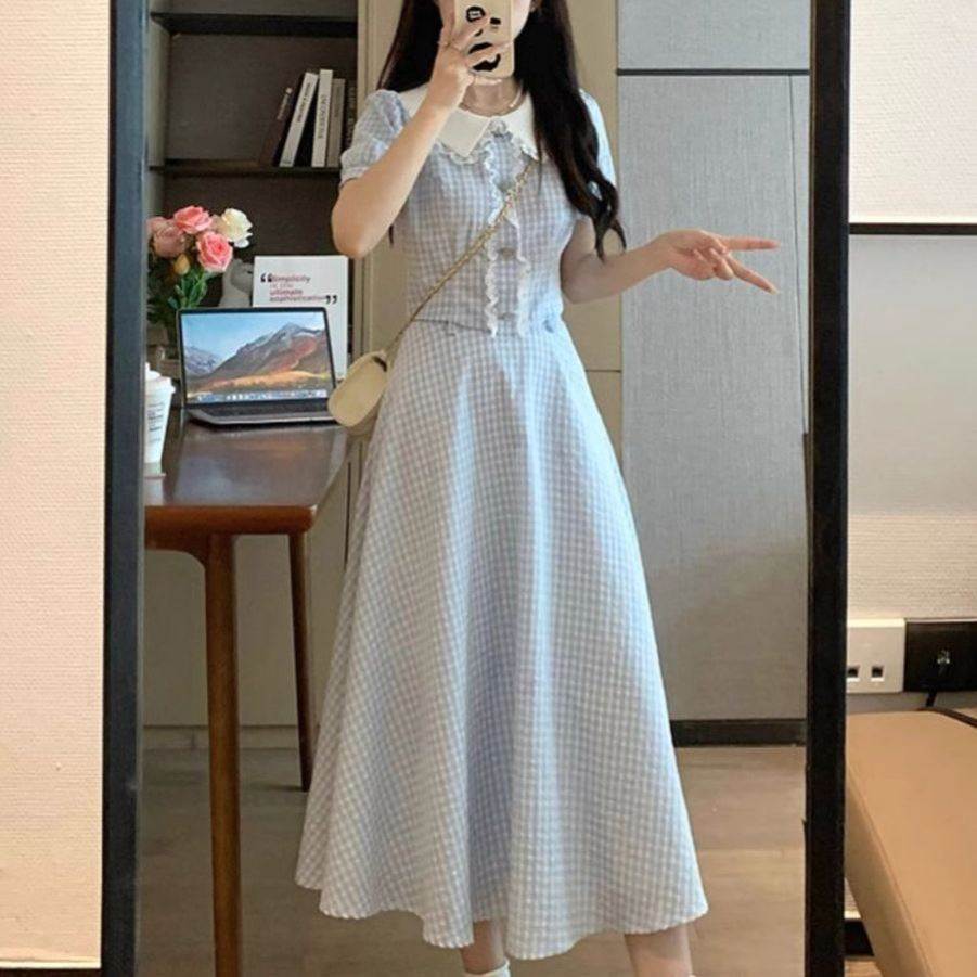 夏季甜美气质小香风娃娃领蕾丝花边格纹两件套装女短袖上衣半身裙