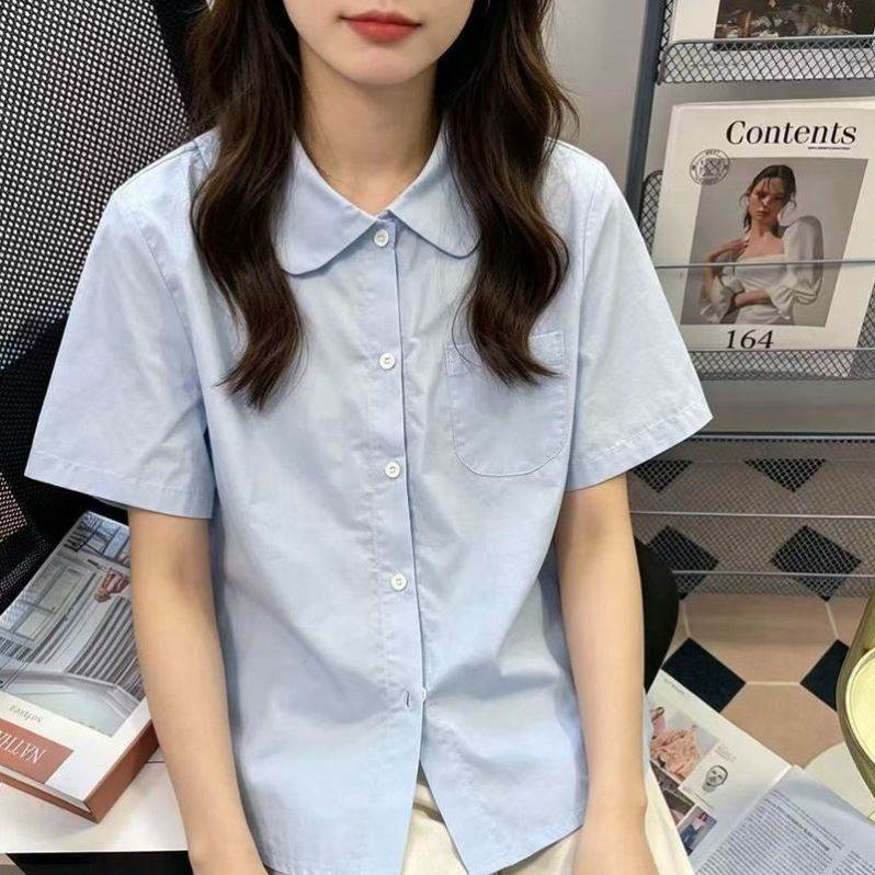 气质蓝色宽松显瘦韩版短袖娃娃领棉衬衫女夏季新款设计感小众