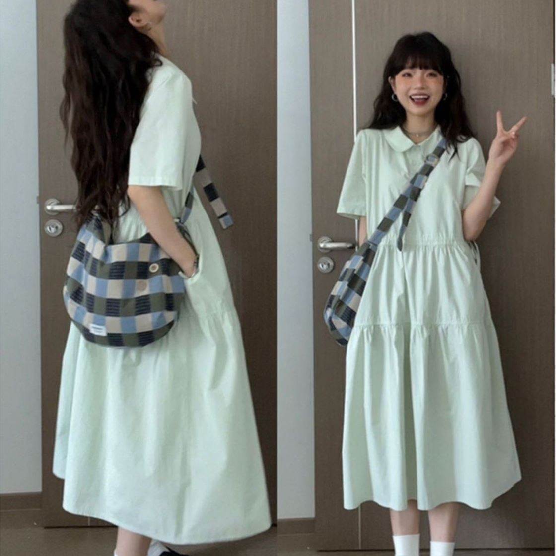 法式娃娃领短袖衬衫连衣裙女夏季收腰a字海边度假风长裙甜美裙子