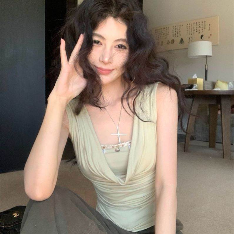 夏季新款设计感假两件收腰无袖t恤女纯欲风荡领百搭显瘦短款上衣