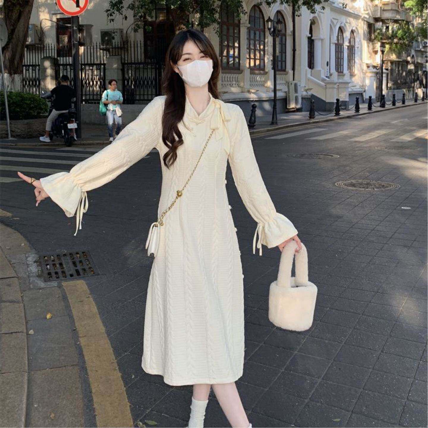 复古盘扣改良版旗袍针织连衣裙女春夏收腰修身内搭打底中长款裙子
