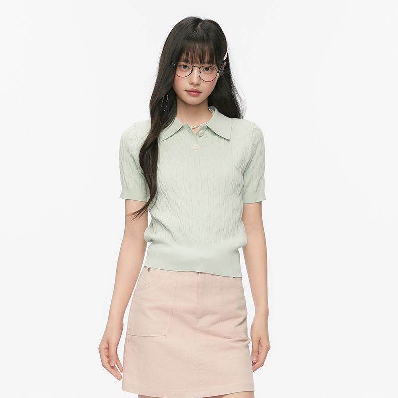 夏季森系polo绞花短袖女显瘦麻花T恤西装A裙套装