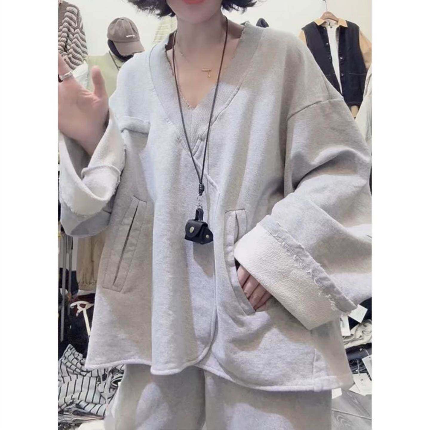 韩版时尚设计感慵懒毛圈棉v领卫衣女春春季新款宽松薄款套头上衣