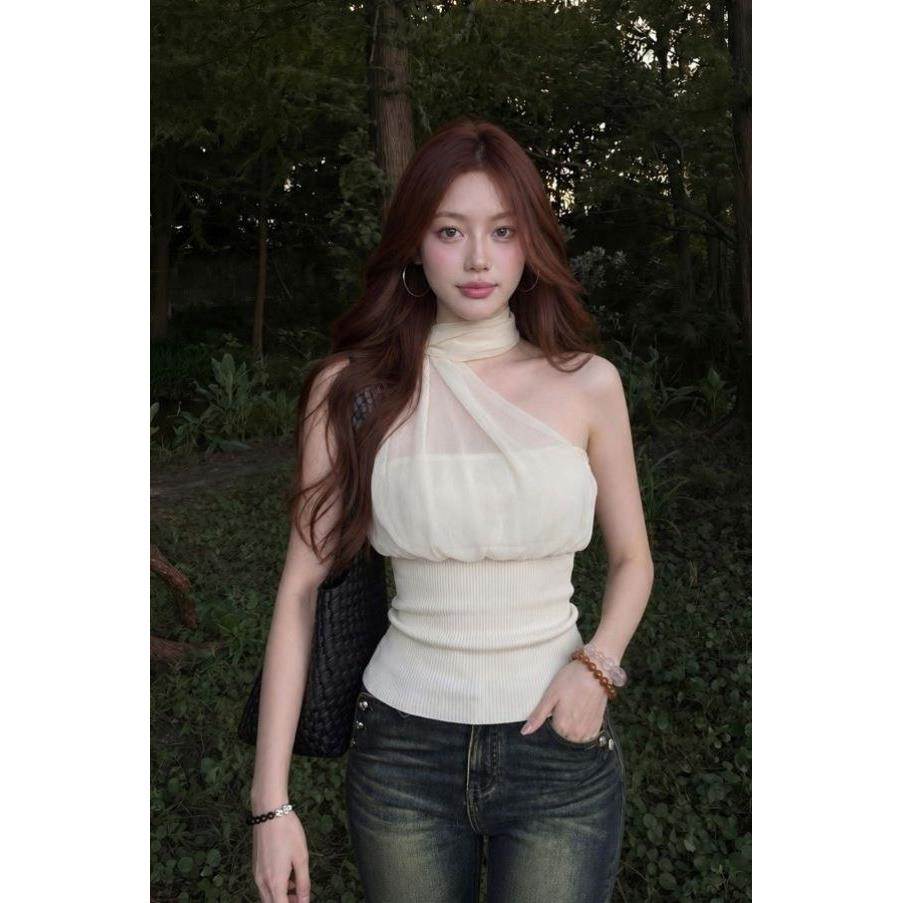 韩系温柔飘带挂脖吊带女褶皱网纱拼接坑条显瘦紧身纯欲风短上衣