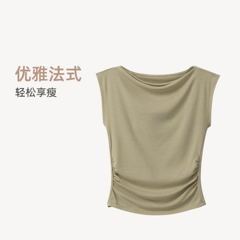 小飞袖一字领上衣坎肩法式短袖背心宽松显瘦无袖小衫夏女