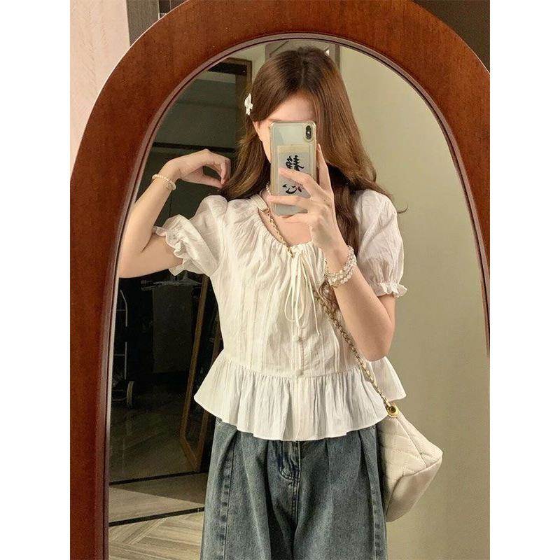 洋气甜美别致抽绳v领短袖衬衫女夏韩版温柔荷叶边泡泡袖漂亮小衫