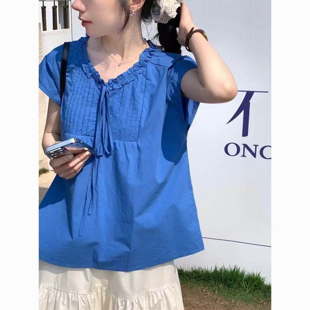 宝蓝花边领口系结风琴褶衬衫女短袖文艺清新宽松百搭显瘦娃娃衫潮