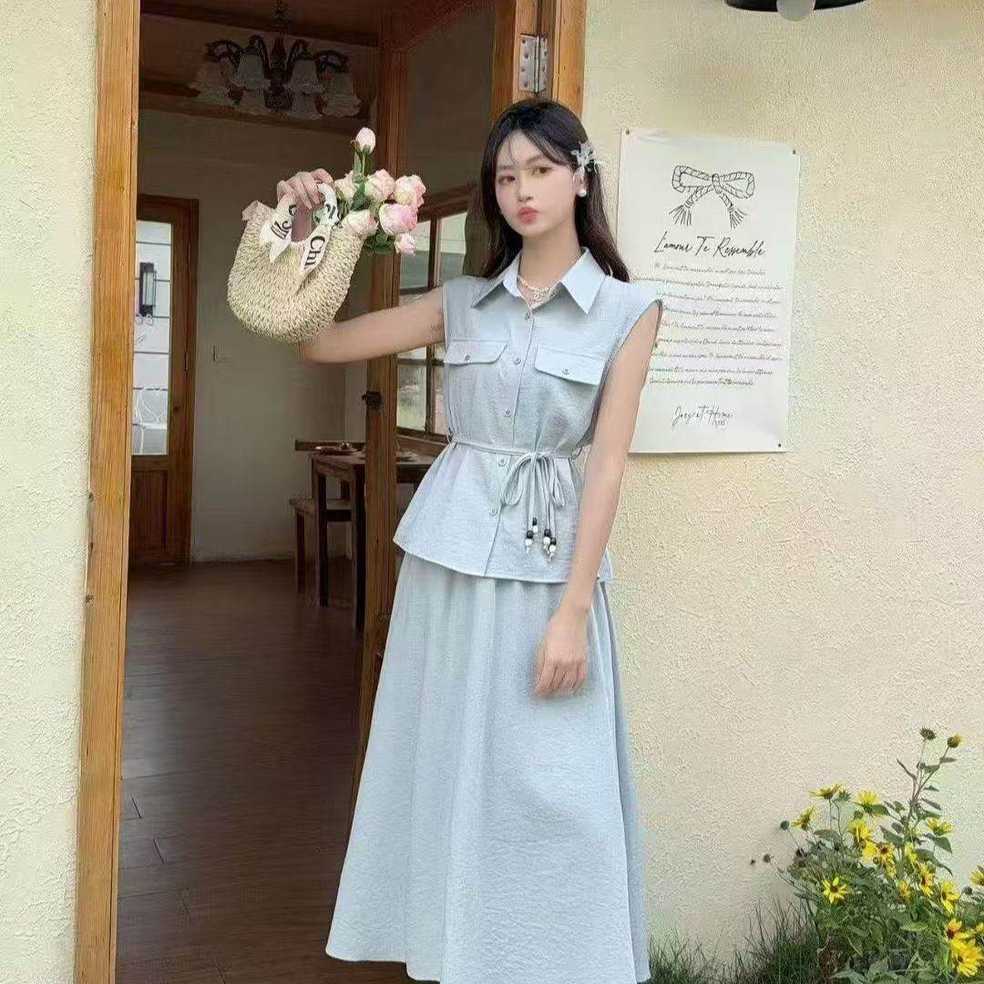夏季新款时尚套装女设计感小众上衣衬衫高腰显瘦半身裙两件套