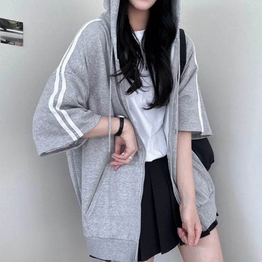 连帽拉链短袖T恤女装2026夏季韩版灰色宽松卫衣开衫休闲
