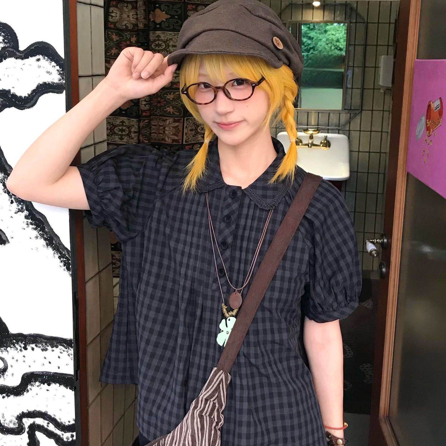 日系复古拼接短袖女娃娃领格纹衬衫夏季新款花边设计感半门襟上衣