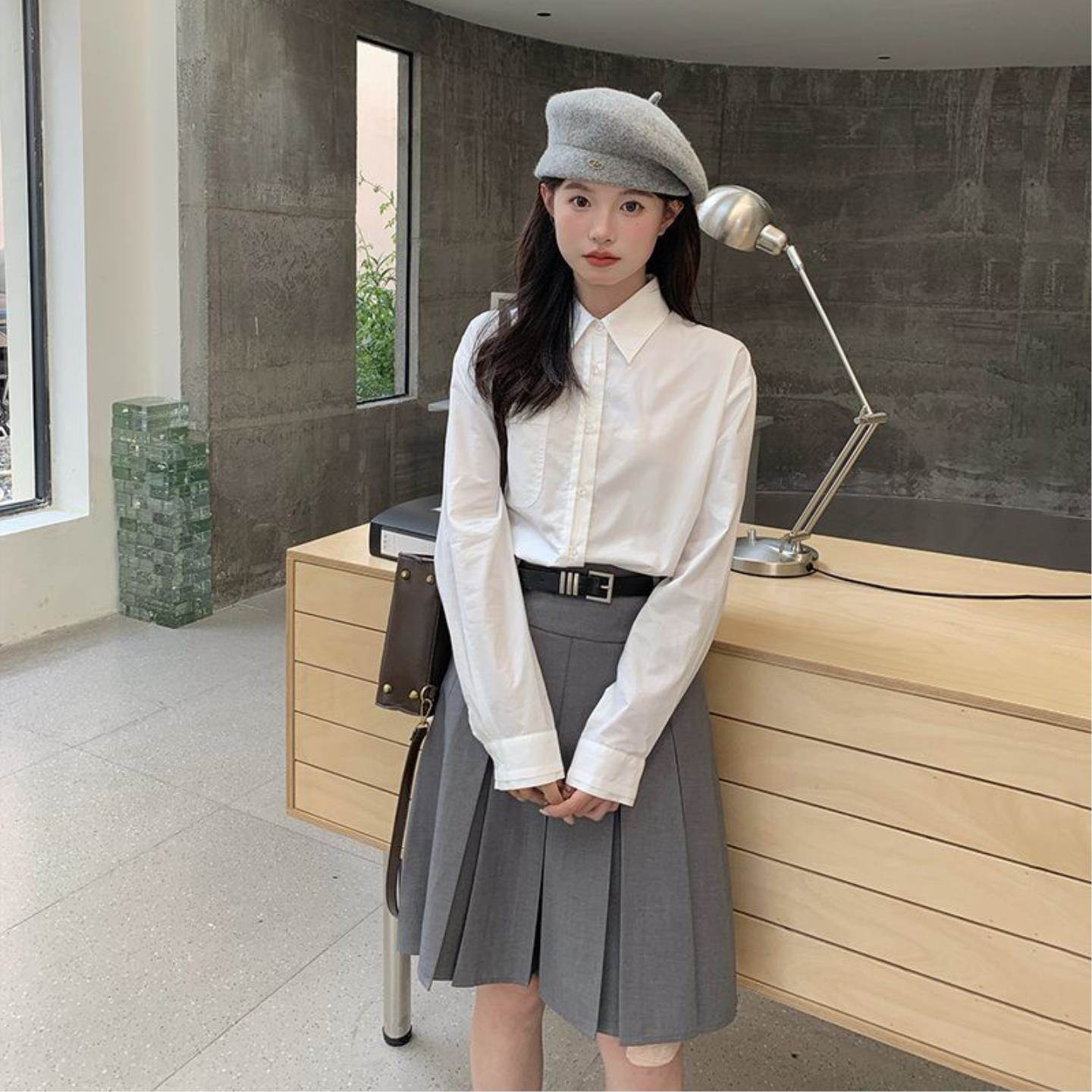 衬衫制服水蓝色长袖宽松学院风衬衣校供感上衣