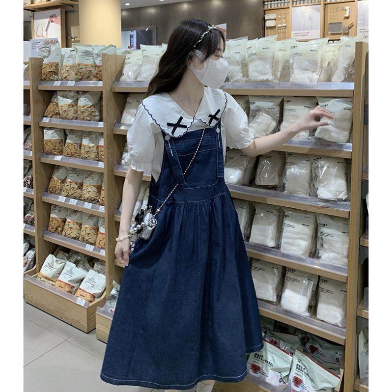 蝴蝶结甜美夏季牛仔连衣裙女背带裙两件套装学生清纯温柔减龄裙子