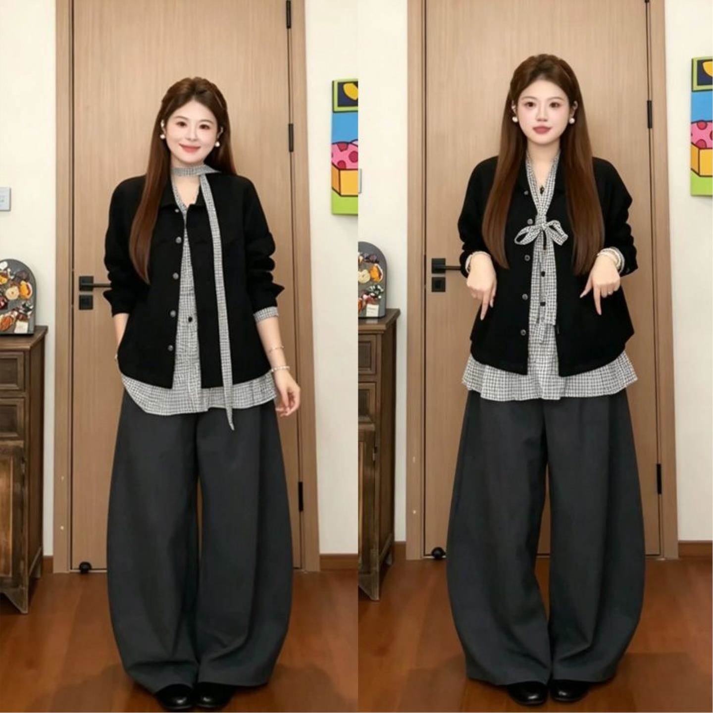 胖MM大码300斤韩系外套+格纹衬衫上衣女秋季宽松阔腿休闲裤三件套