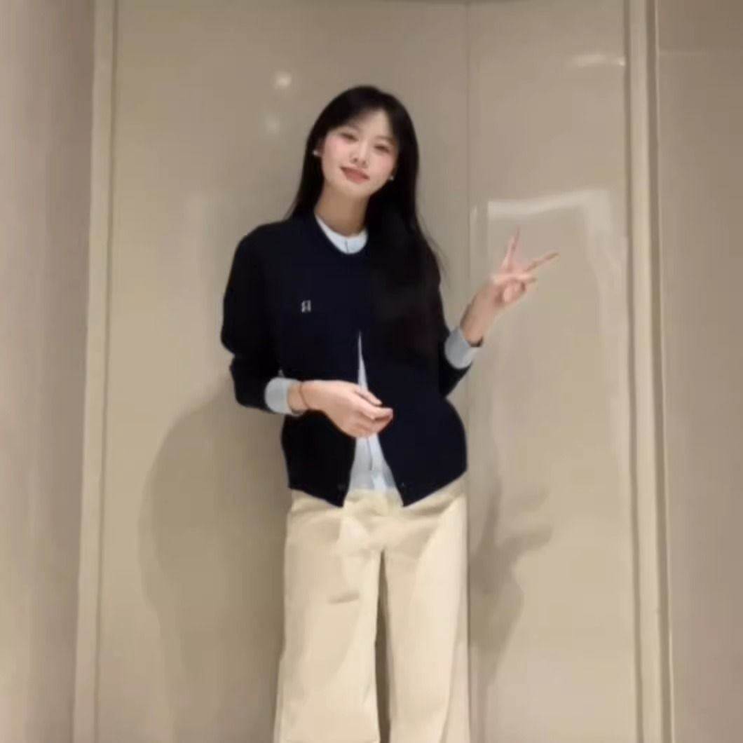 韩系穿搭藏蓝色拼接假两件上衣针织衫休闲小个子毛衣开衫女春