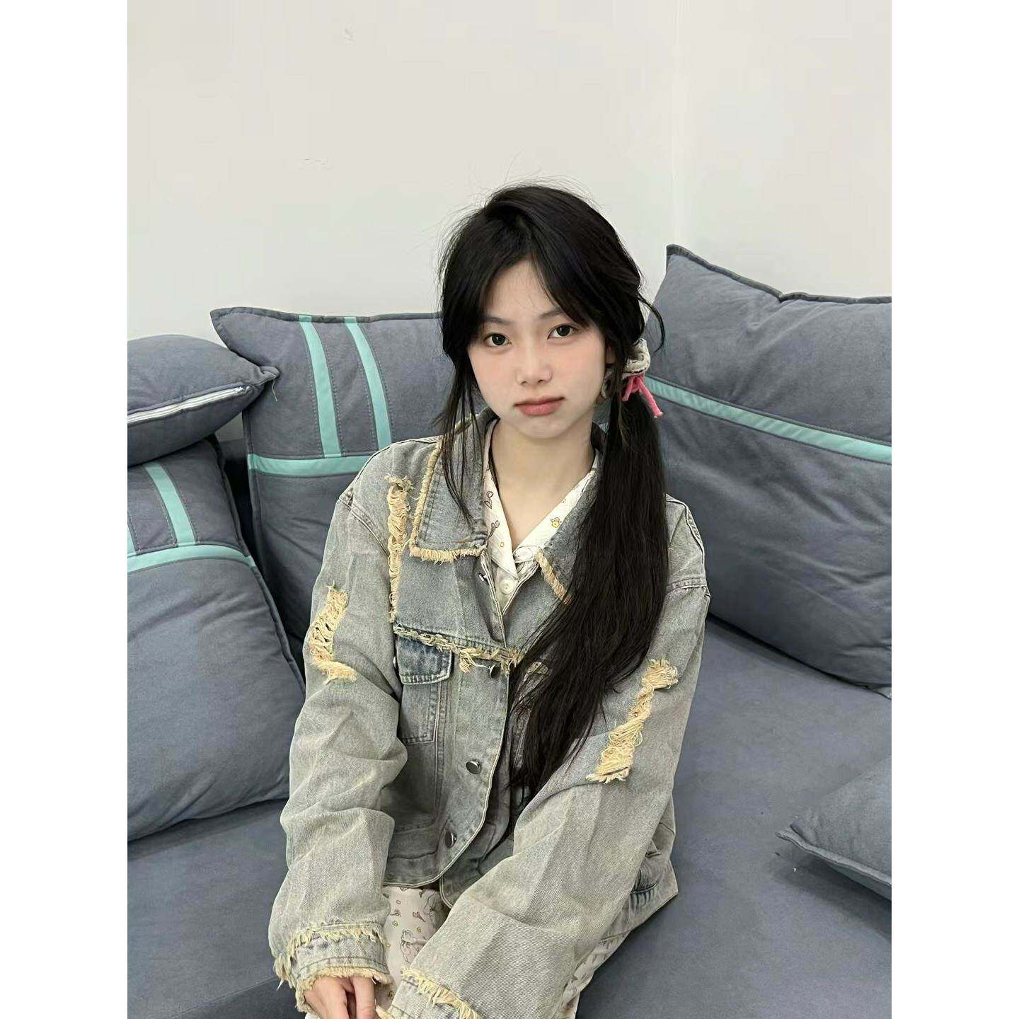 破洞美式毛边牛仔外套复古宽松百搭休闲设计感小众工装夹克上衣