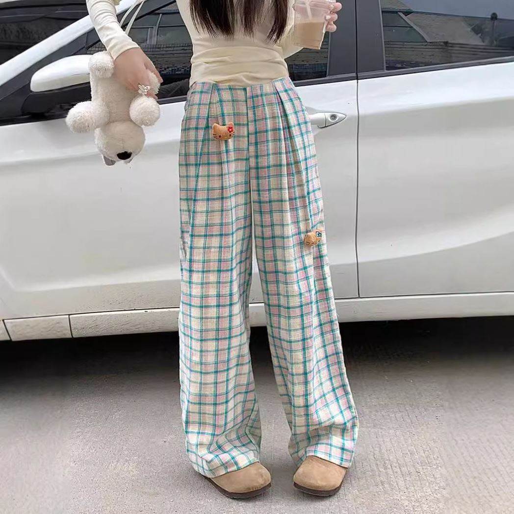 裤子女小个子格子裤夏季薄款格纹裤夏天轻薄阔腿裤夏季薄款成人