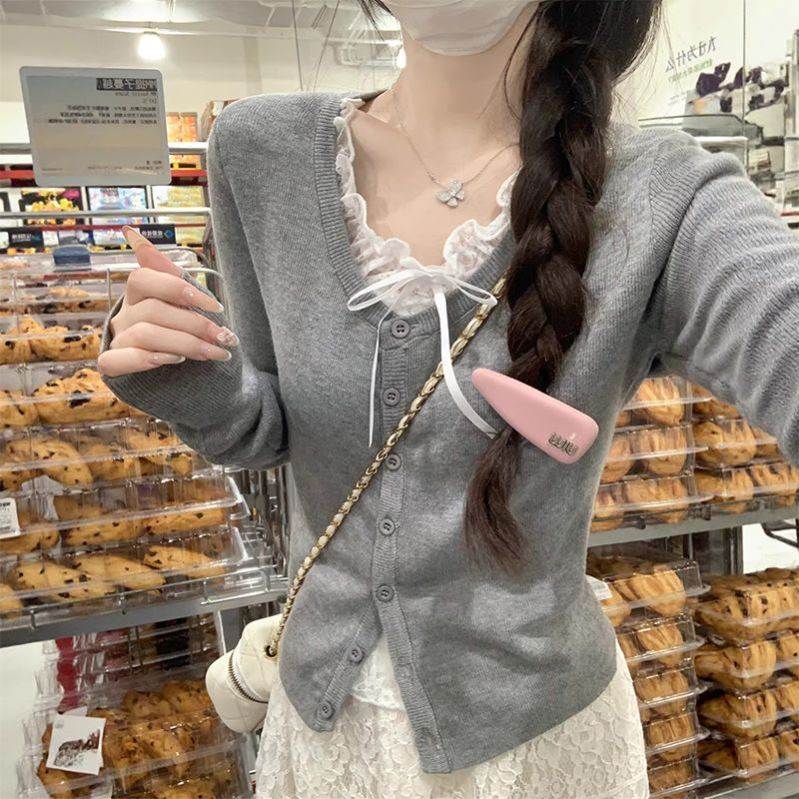 长袖假两件针织开衫灰色蕾丝纯欲风少女正肩上衣修身T恤春秋
