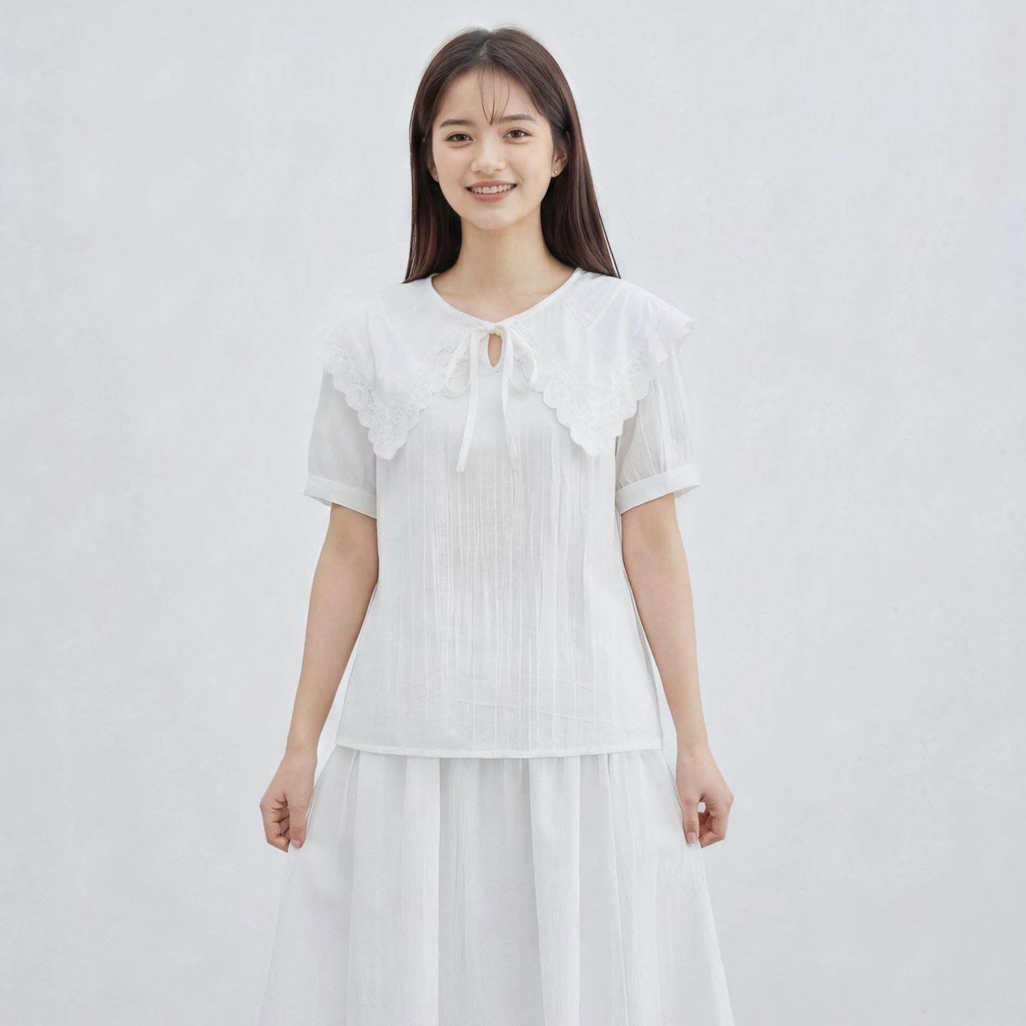 娃娃领白衬衫女2026夏装新款学院风百搭泡泡袖上衣棉短袖娃娃衫