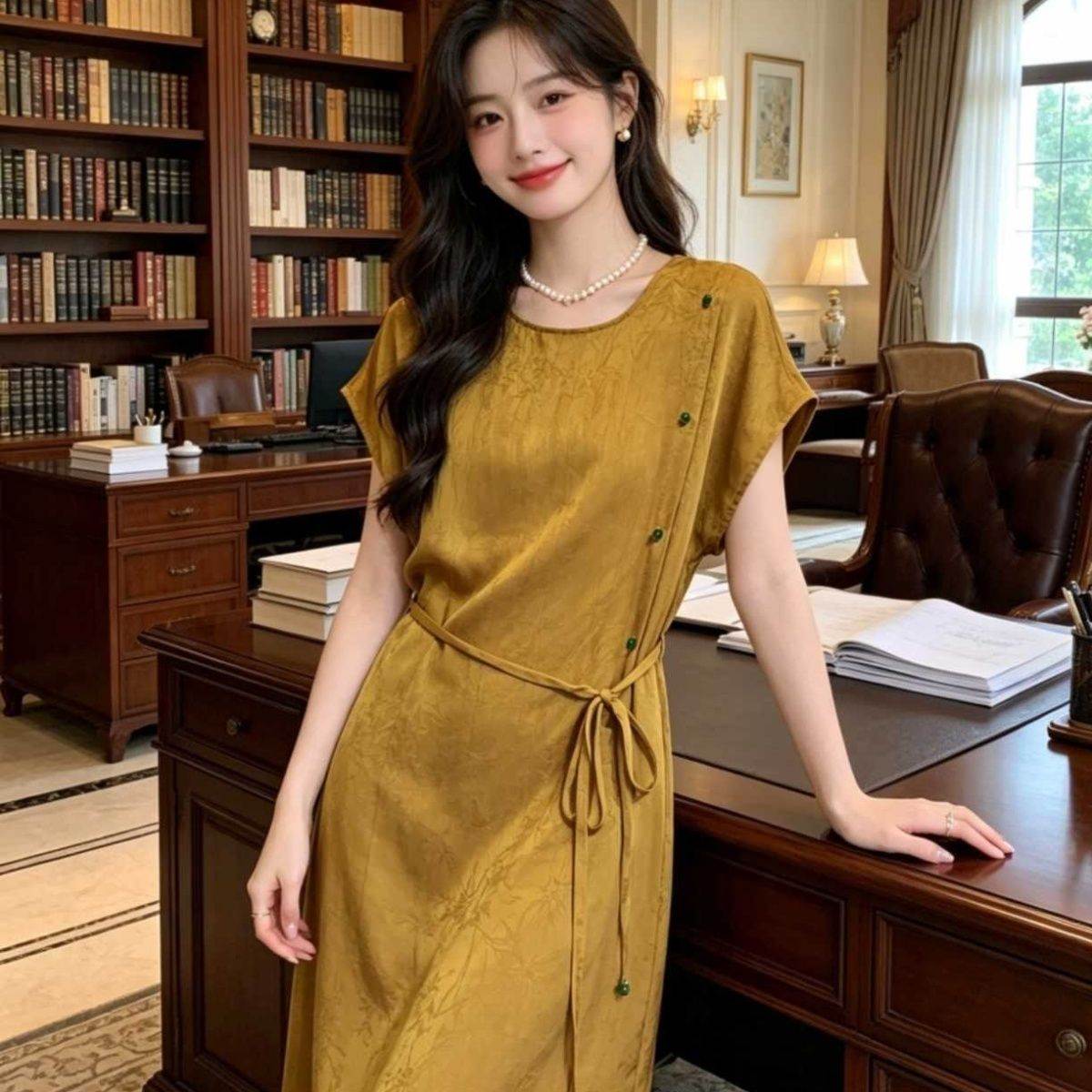 醋酸新中式连衣裙女夏缎面清凉长裙国风盘扣收腰显瘦