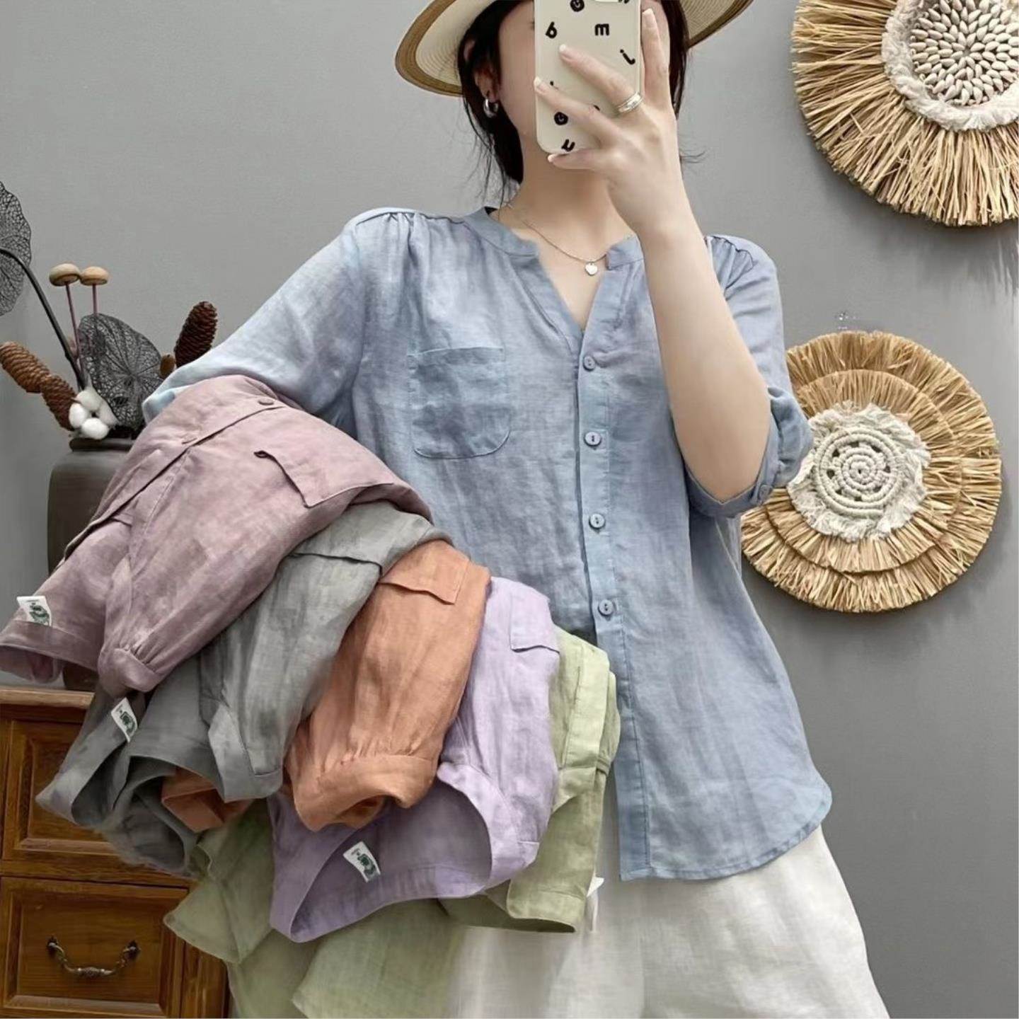 纯色v领苎麻衬衫女秋季新款文艺宽松显瘦时尚百搭中袖衬衣女薄款