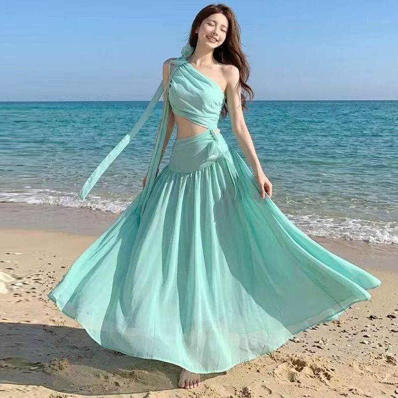 夏季长裙女斜肩露背无袖连衣裙海边度假仙女雪纺长裙绑带沙滩