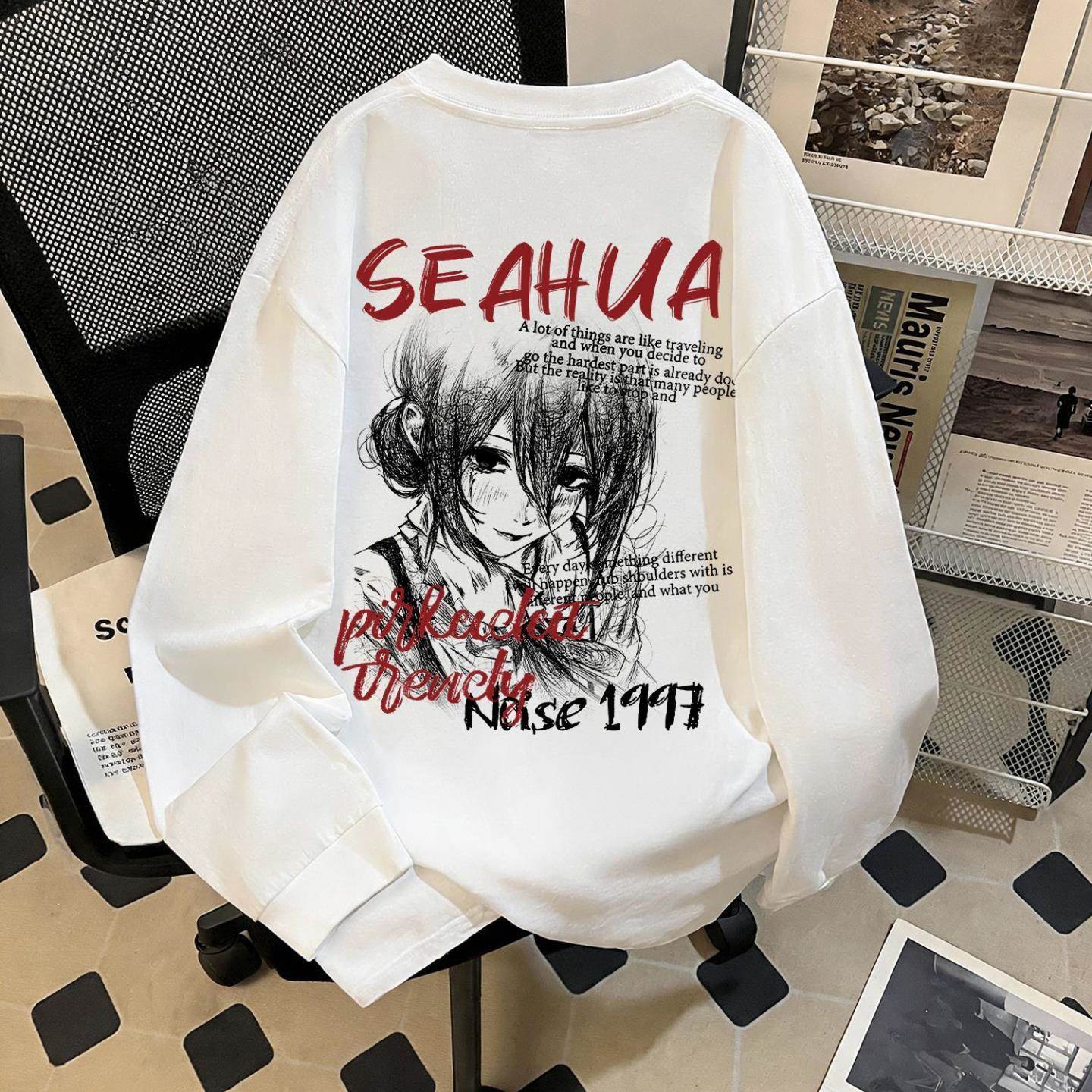 时尚洋气潮流束口长袖棉T恤创意卡通少女印花高级正肩外穿上衣