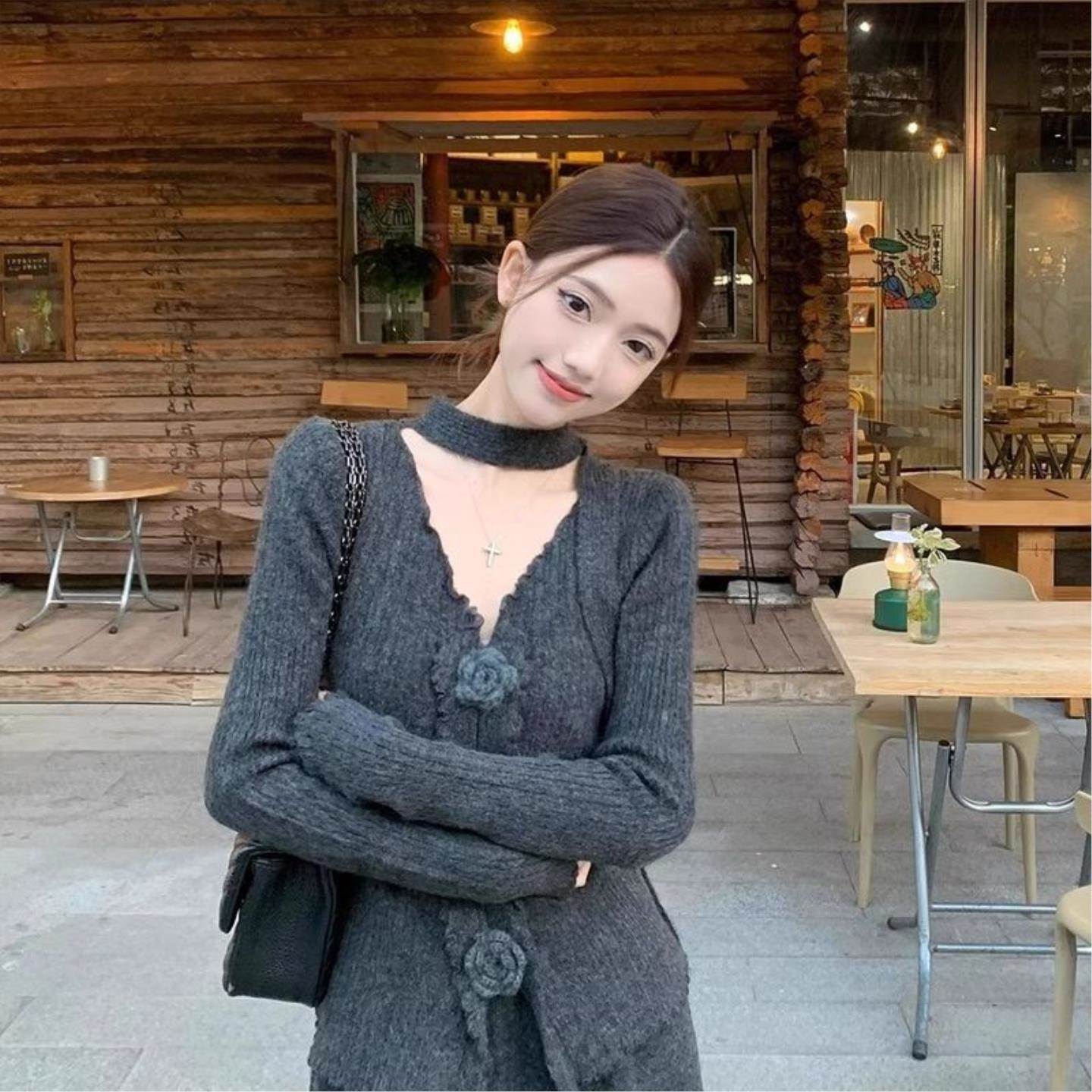 立体花朵V领飘带长袖针织衫高腰显瘦半身长裙女2026冬季时尚套装