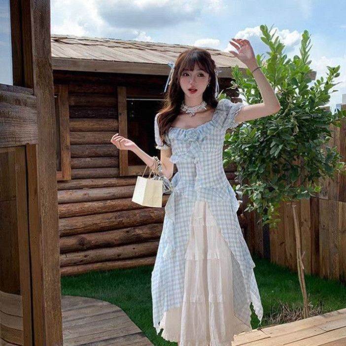 蓝色开叉格纹连衣裙女夏日绝美度假不规则拖尾裙