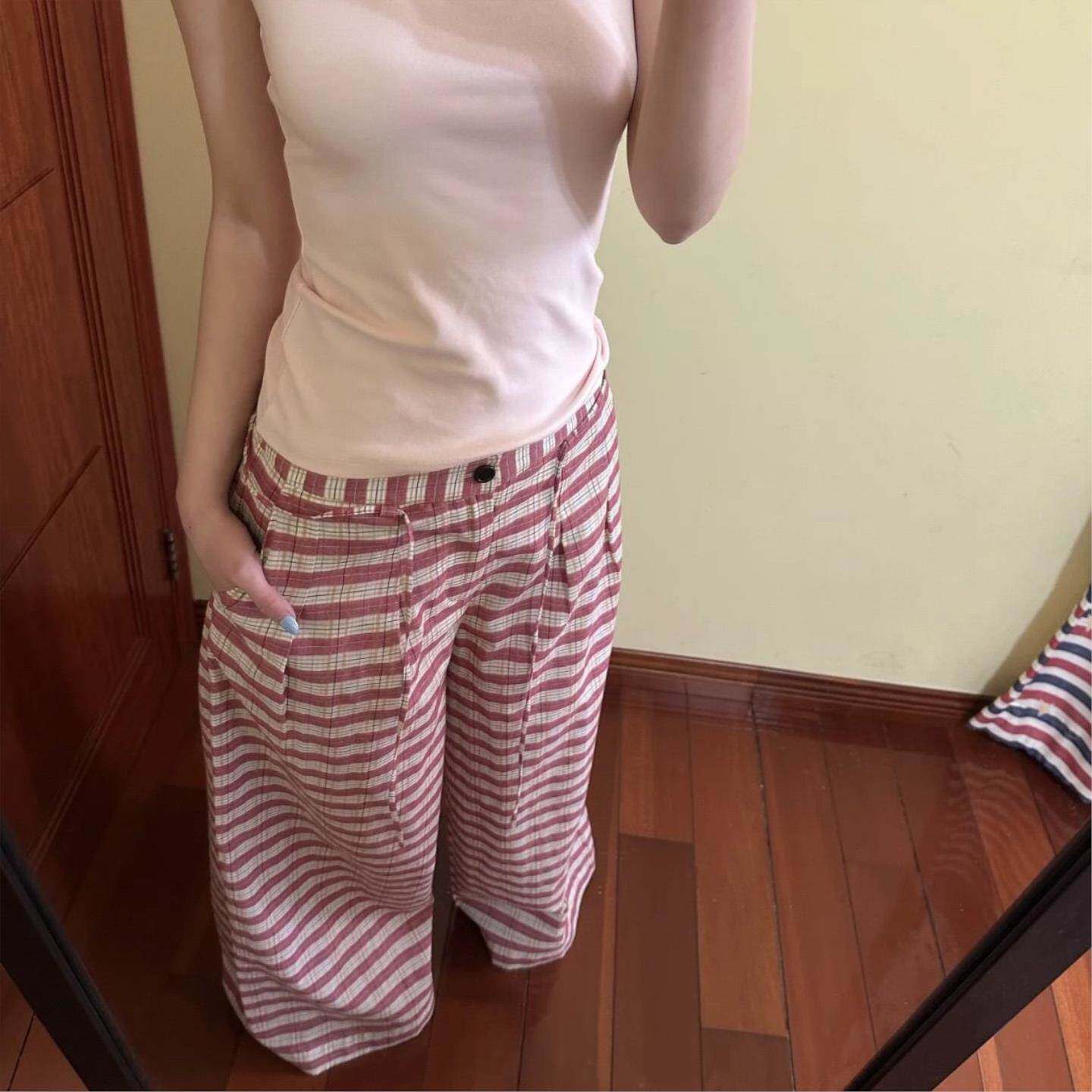 粉色条纹拼接低腰阔腿休闲裤女2025夏季慵懒风宽松显瘦拖地长裤子