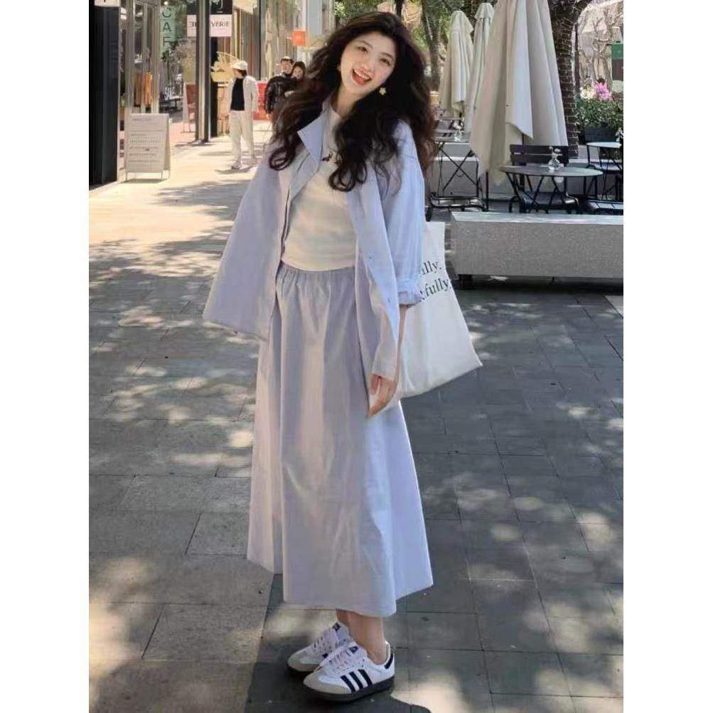 春秋穿搭套装裙女2026新款韩风chic衬衫外套长裙盐系轻熟两件套装