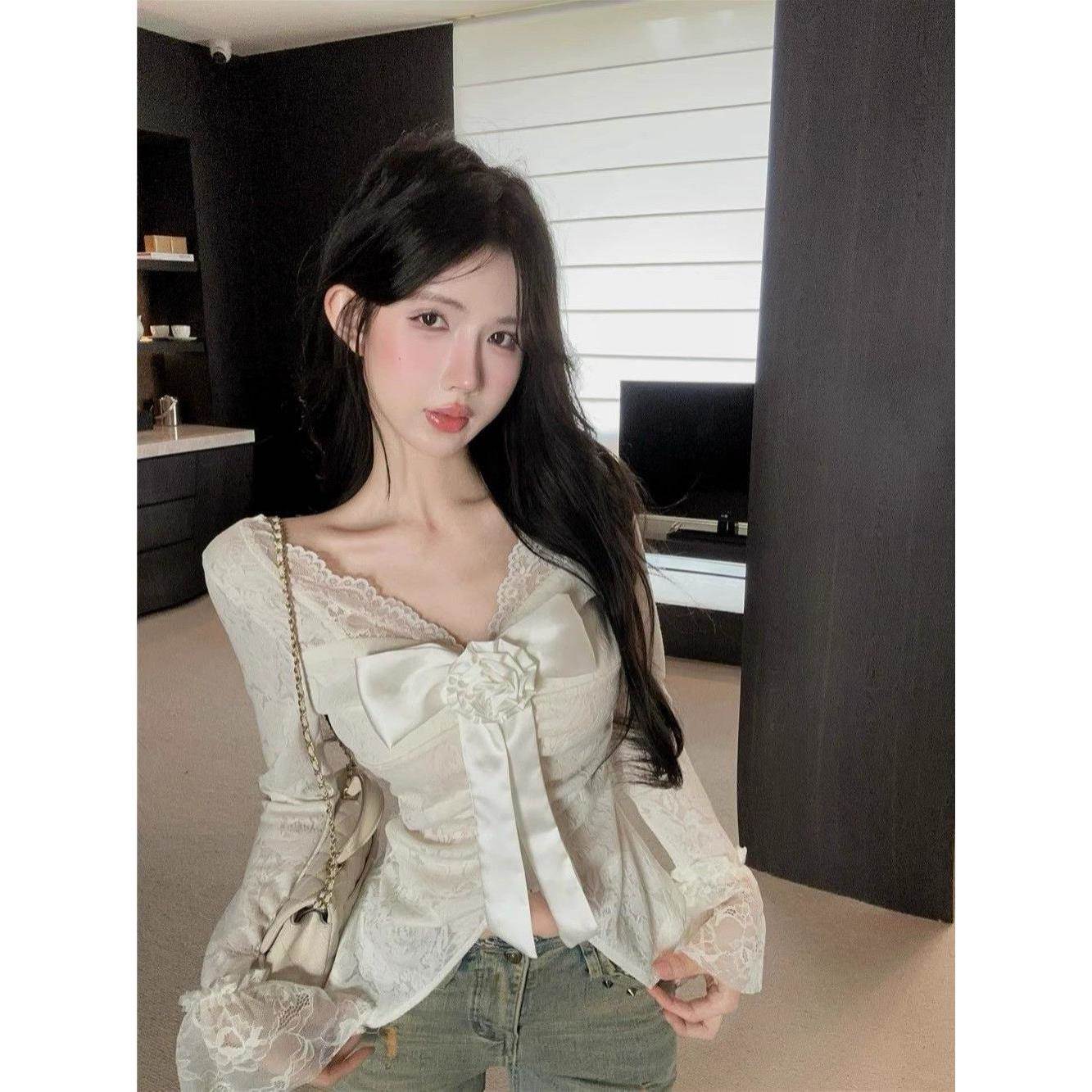 小香风蝴蝶结v领衬衫女春夏一字肩鱼骨上衣蕾丝打底衫内搭可外穿