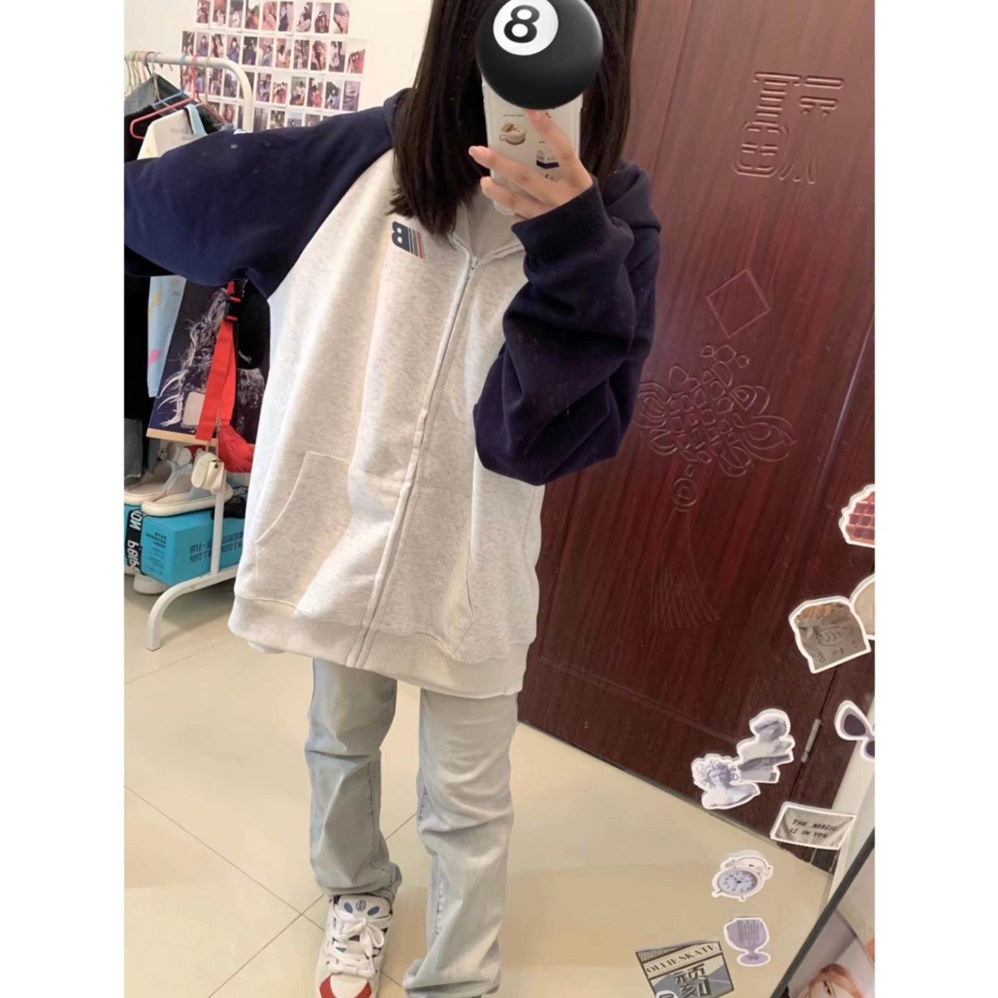 美式复古撞色连帽卫衣外套男女春夏新款加绒开衫拉链情侣宽松帽衫
