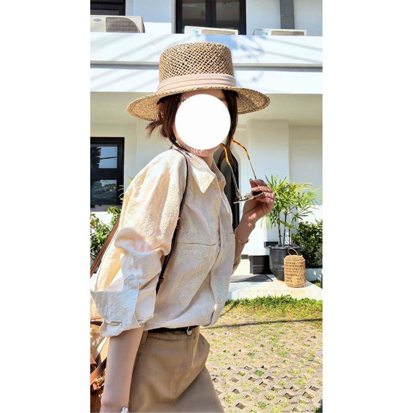 刺绣提花设计翻领宽松衬衫卡其色半身裙套装女度假休闲百搭两件套