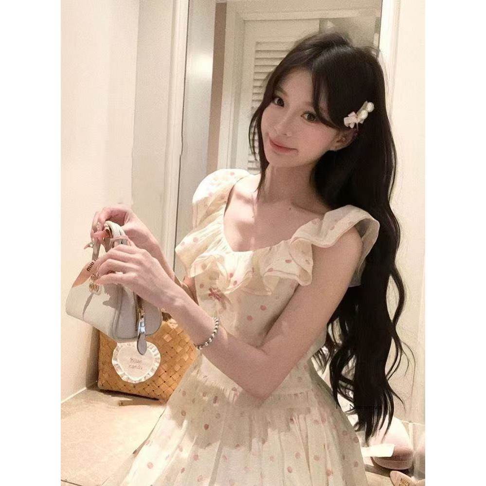 元气少女法式气质甜美波点连衣裙女春新款小众收腰显瘦蝴蝶结裙子