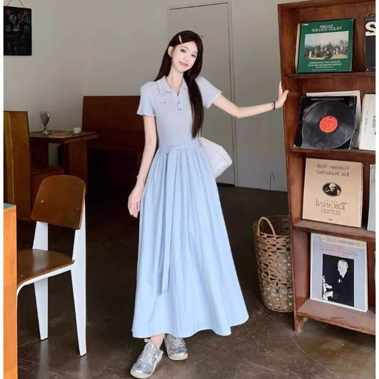 气质学院风绑带收腰显瘦连衣裙女2026夏季新款polo领短袖长款裙子