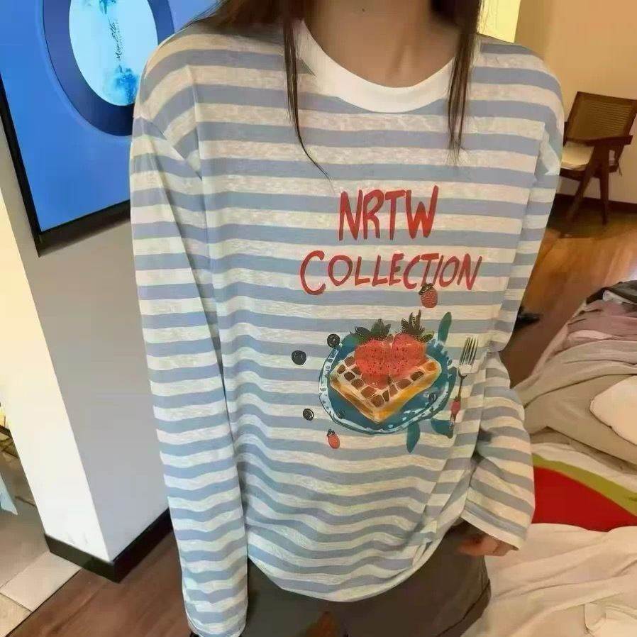 韩系夏季草莓新款印花防晒条纹薄款罩衫上衣休闲百搭宽松长袖T恤