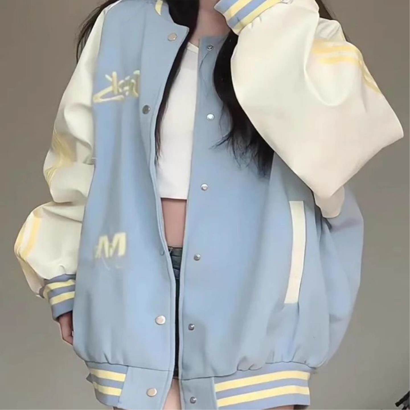大码撞色设计感刺绣棒球服女2026年春秋新款小众复古宽松外套上衣