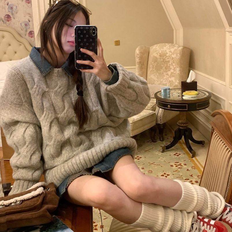 随性麻花毛衣女秋冬时尚潮流可爱宽松慵懒风套头针织上衣