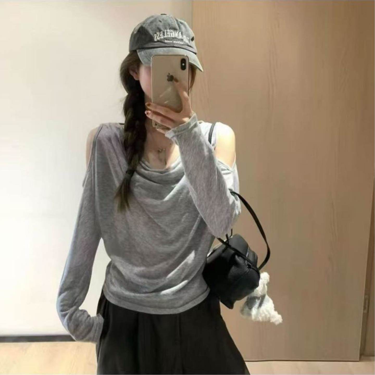 法式荡领露肩条纹长袖T恤女装秋季新款修身显瘦不规则百搭短上衣